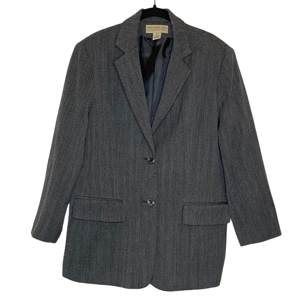Jones New York Wool Blazer Gray Tweed Coat Jacket Vintage Preppy Womens SZ 16